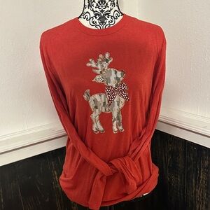 Port and Company Red Long Sleeve Tee with Reindeer Design